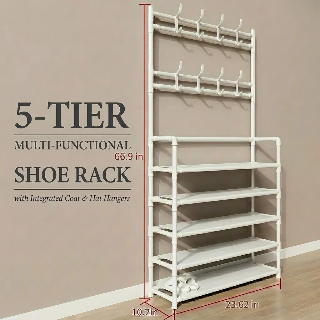 3-In-1 Freestanding Entryway Hall Tree Organizer - 5-Tier Shoe Rack, 8 Coat Hooks, Adjustable Storage Stand for Living Room, Bedroom Home Organization