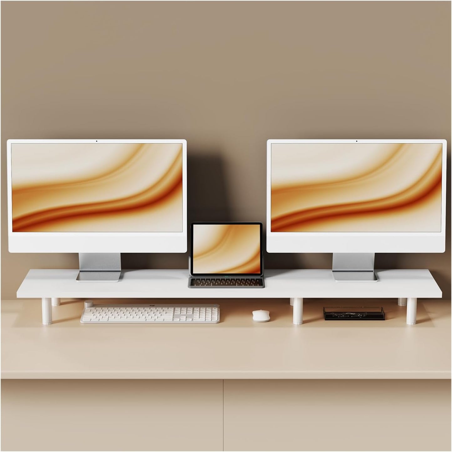 Large Dual Monitor Stand Riser 43.3In，White Home Office Storage for Desk Accessories，Solid Wod Desk with Adjustable Legs for Computer/Pc/Laptop/Printer/Container/Dressing Table