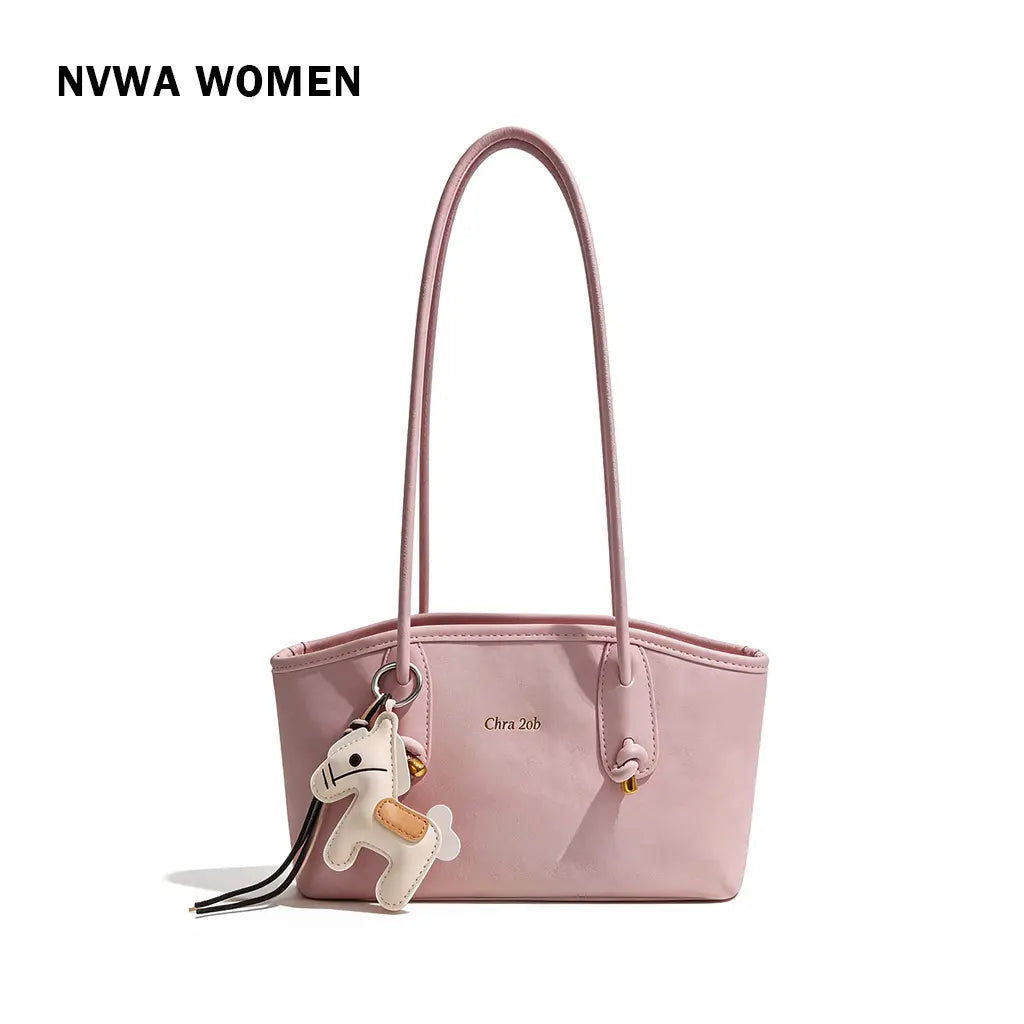 Women'S Elegant Pastel Pink Shoulder Bag, 2026 Fashionable PU Leather Tote with Cute Pony Pendant for Everyday Use, Casual Chic Versatile High-Quality Work Bag Hobo Purse Trendy All-Match Commuter Bag Pu Tote Satchel Crossbody Tote Bag