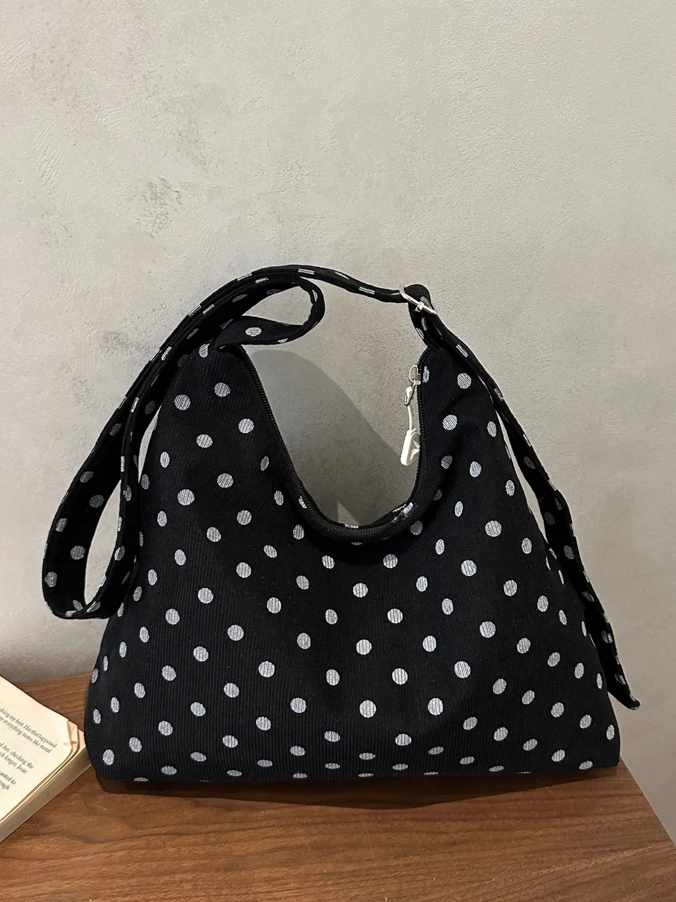 Korean Style Polka Dot Tote Bag, Zipper Closure Handbag, Large Capacity Foldable Commuter Shoulder Bag, Ideal for College Students
