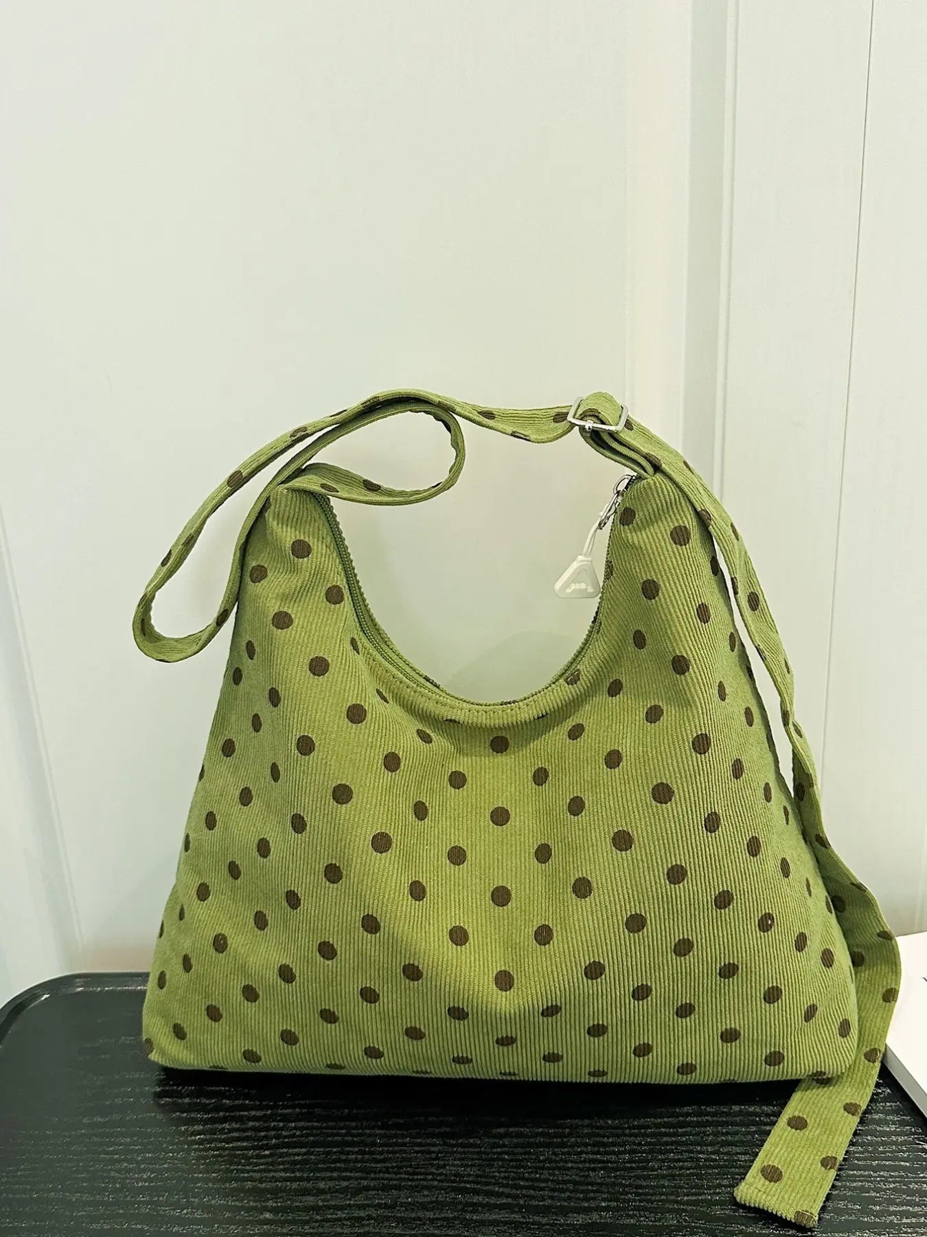 Korean Style Polka Dot Tote Bag, Zipper Closure Handbag, Large Capacity Foldable Commuter Shoulder Bag, Ideal for College Students