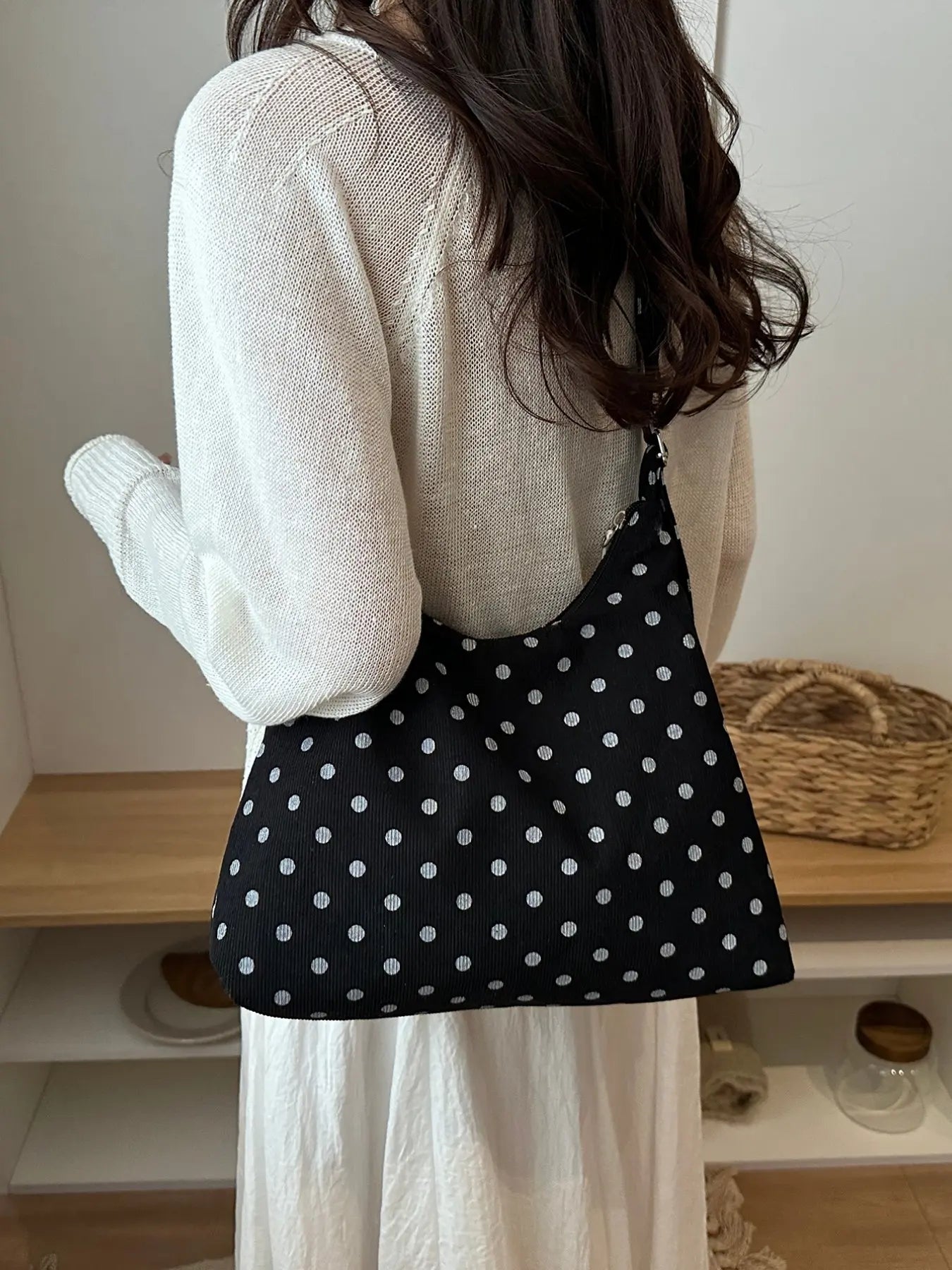 Korean Style Polka Dot Tote Bag, Zipper Closure Handbag, Large Capacity Foldable Commuter Shoulder Bag, Ideal for College Students