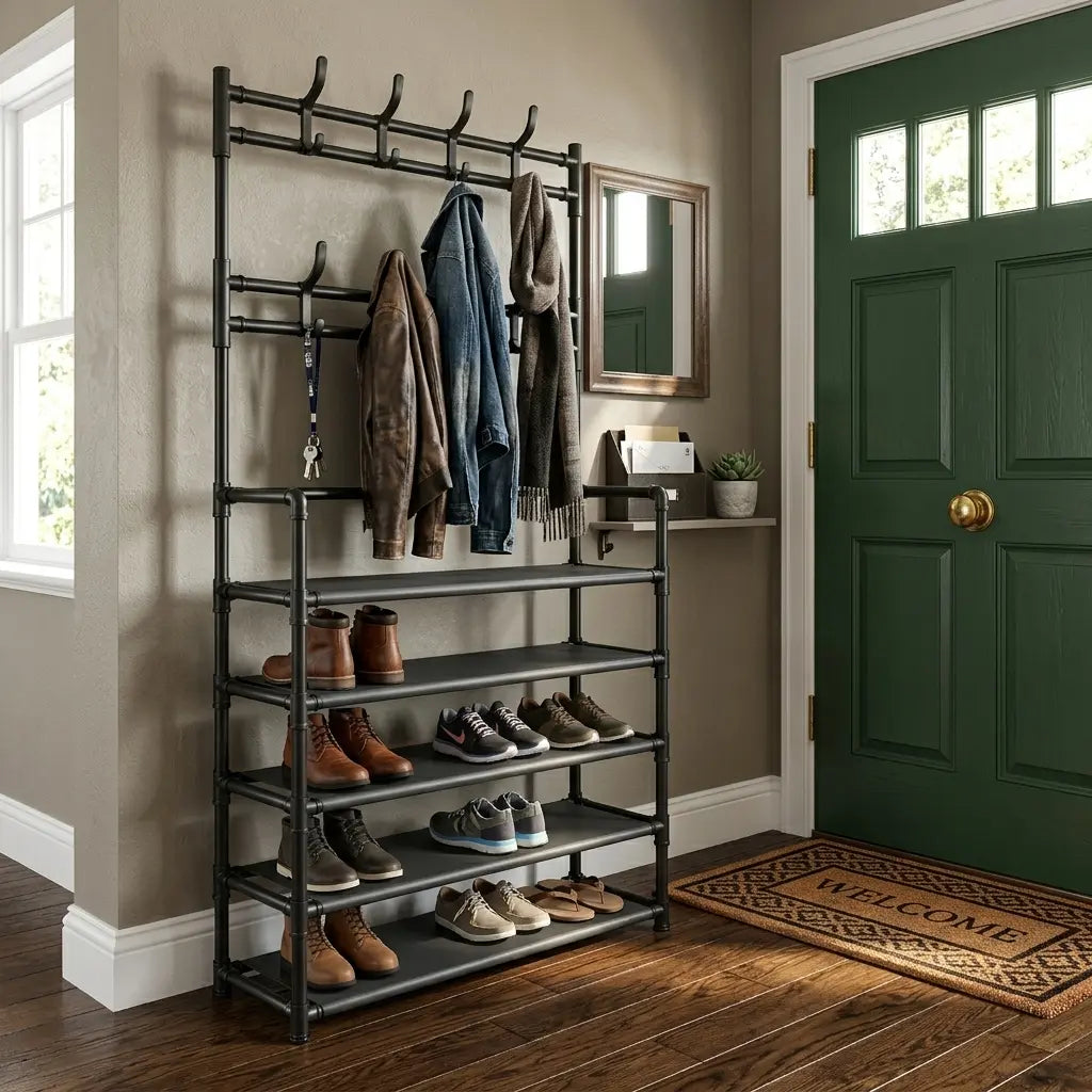 3-In-1 Freestanding Entryway Hall Tree Organizer - 5-Tier Shoe Rack, 8 Coat Hooks, Adjustable Storage Stand for Living Room, Bedroom Home Organization