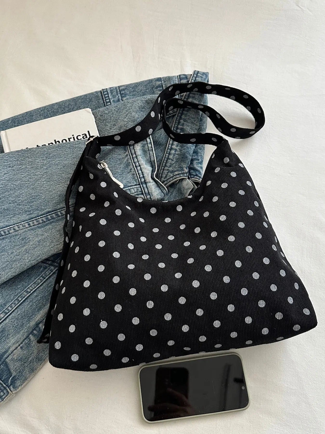 Korean Style Polka Dot Tote Bag, Zipper Closure Handbag, Large Capacity Foldable Commuter Shoulder Bag, Ideal for College Students