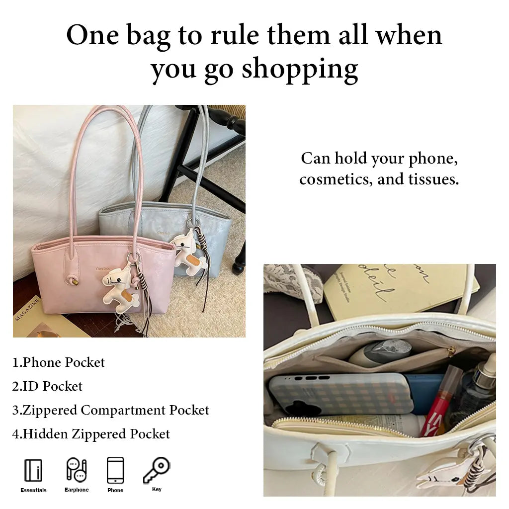 Women'S Elegant Pastel Pink Shoulder Bag, 2026 Fashionable PU Leather Tote with Cute Pony Pendant for Everyday Use, Casual Chic Versatile High-Quality Work Bag Hobo Purse Trendy All-Match Commuter Bag Pu Tote Satchel Crossbody Tote Bag