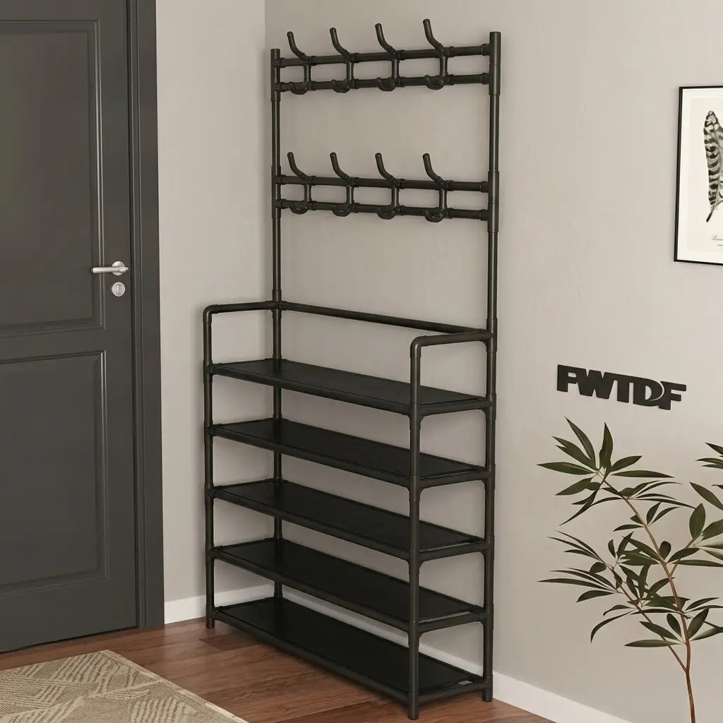 3-In-1 Freestanding Entryway Hall Tree Organizer - 5-Tier Shoe Rack, 8 Coat Hooks, Adjustable Storage Stand for Living Room, Bedroom Home Organization