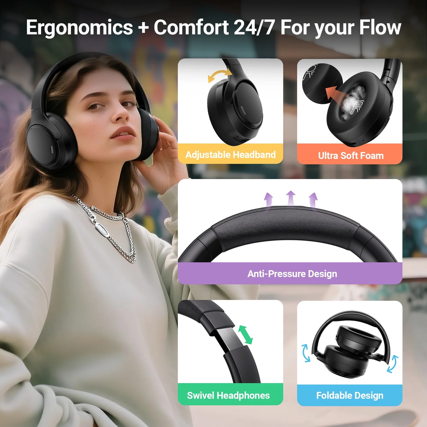 Hybrid Active Noise Cancelling Headphones Wireless Bluetooth over Ear - 50Db ANC, 120H Playback, 6-MIC ENC Clear Calls, Hi-Res 360° Spatial Audio, Foldable Comfort for Travel Office