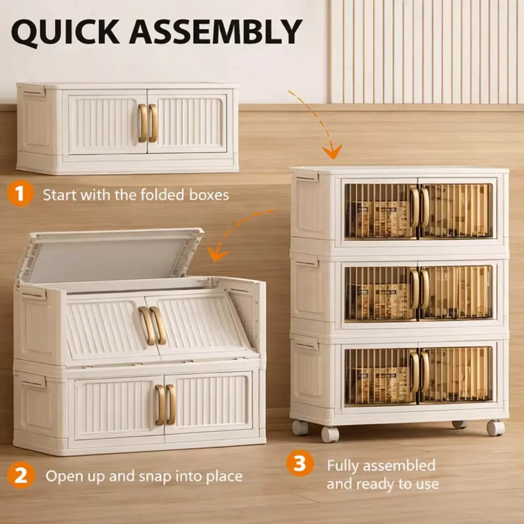 Collapsible Storage Bins with Lids & Wheels - Stackable Storage Organizer, Easy Assembly Plastic Cabinet for Clothes, Toys, Pantry, Home Organization Must Have