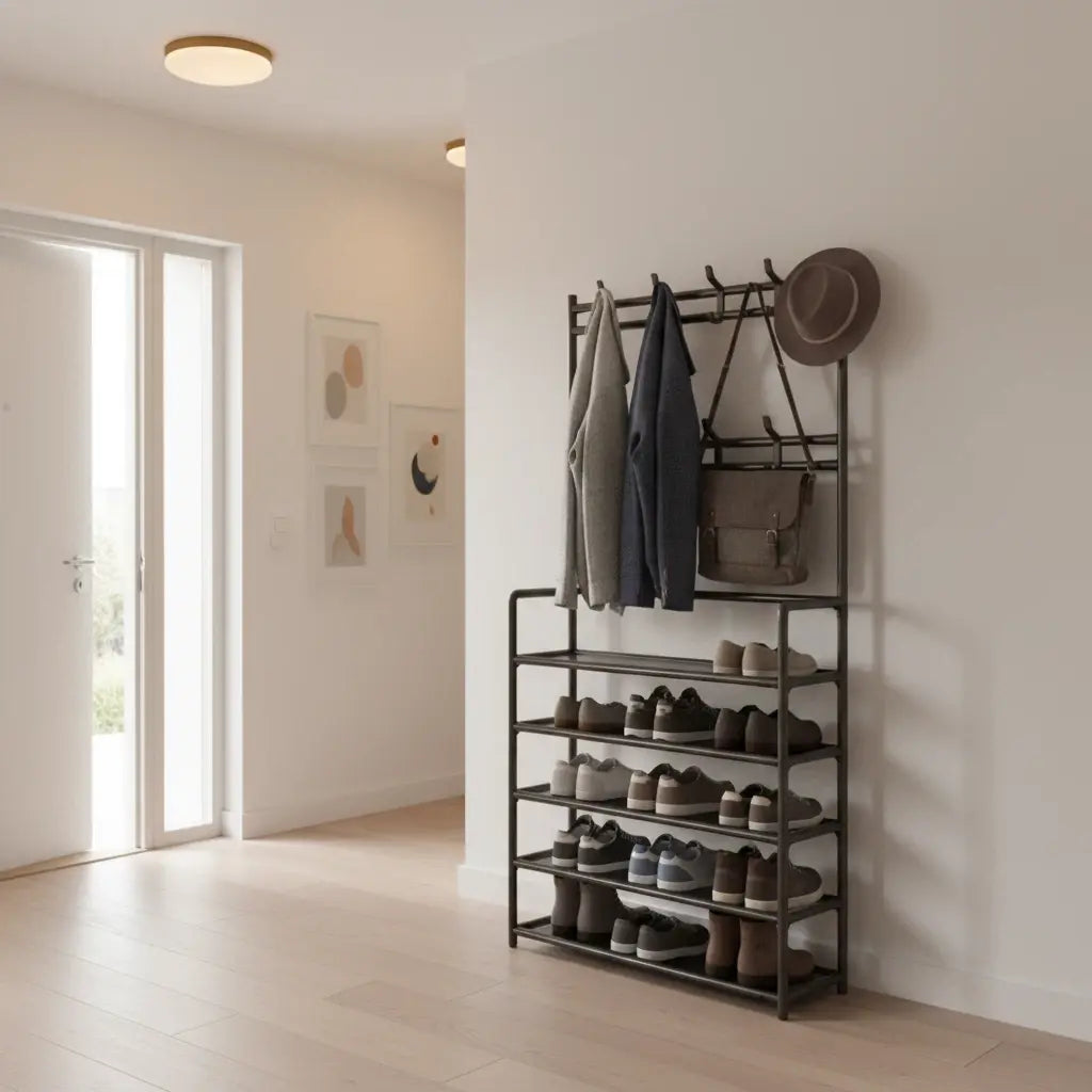 3-In-1 Freestanding Entryway Hall Tree Organizer - 5-Tier Shoe Rack, 8 Coat Hooks, Adjustable Storage Stand for Living Room, Bedroom Home Organization
