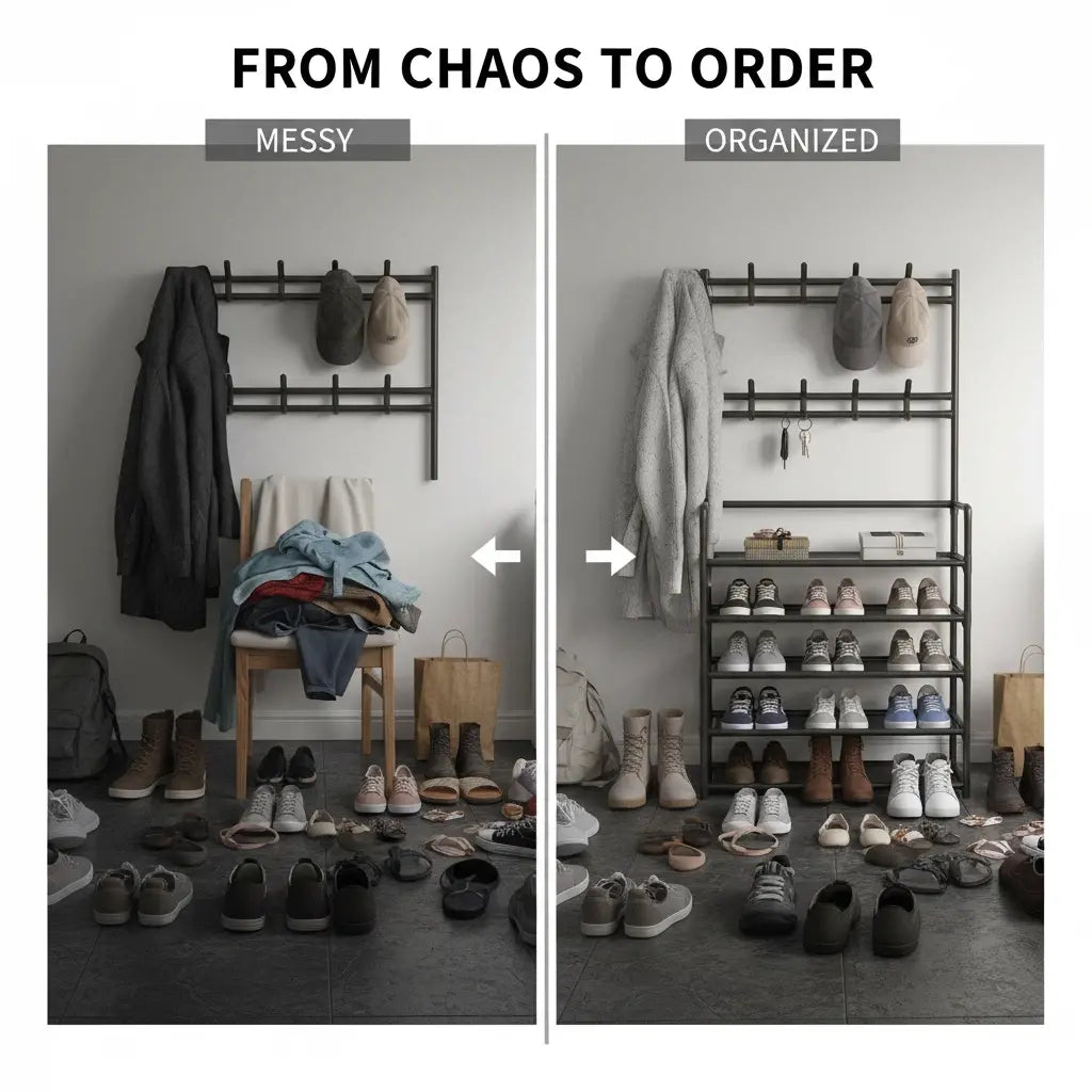 3-In-1 Freestanding Entryway Hall Tree Organizer - 5-Tier Shoe Rack, 8 Coat Hooks, Adjustable Storage Stand for Living Room, Bedroom Home Organization