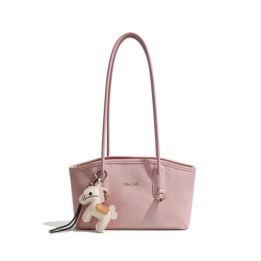 Women'S Elegant Pastel Pink Shoulder Bag, 2026 Fashionable PU Leather Tote with Cute Pony Pendant for Everyday Use, Casual Chic Versatile High-Quality Work Bag Hobo Purse Trendy All-Match Commuter Bag Pu Tote Satchel Crossbody Tote Bag