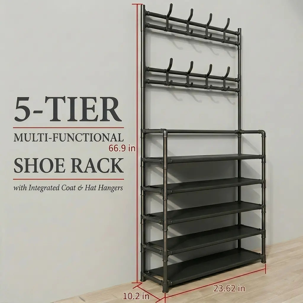 3-In-1 Freestanding Entryway Hall Tree Organizer - 5-Tier Shoe Rack, 8 Coat Hooks, Adjustable Storage Stand for Living Room, Bedroom Home Organization