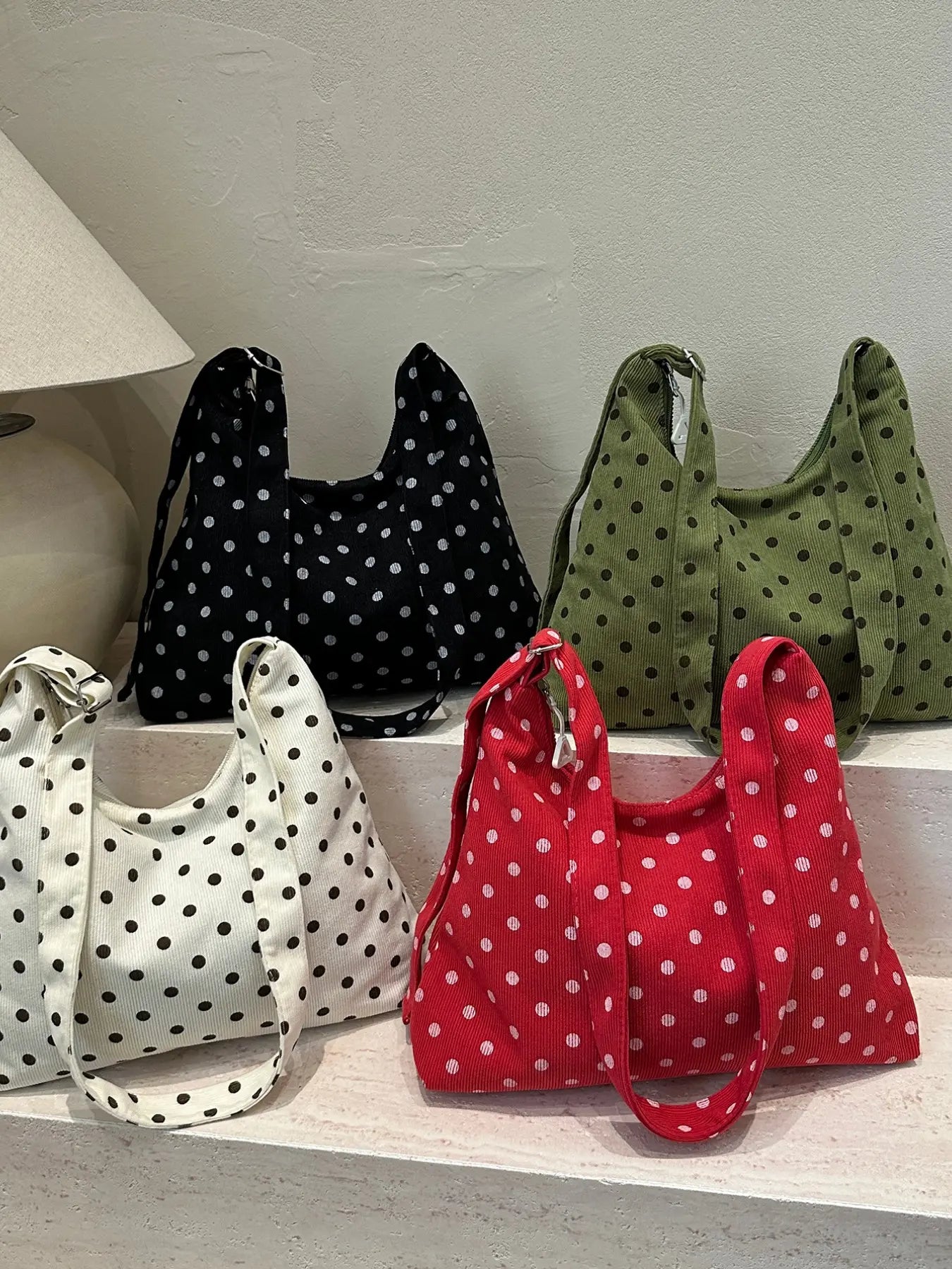 Korean Style Polka Dot Tote Bag, Zipper Closure Handbag, Large Capacity Foldable Commuter Shoulder Bag, Ideal for College Students