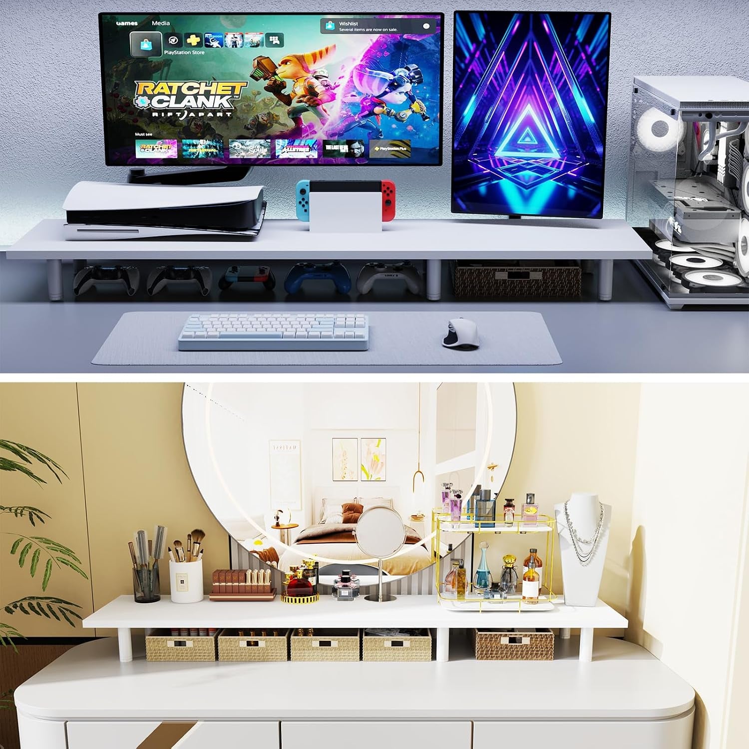 Large Dual Monitor Stand Riser 43.3In，White Home Office Storage for Desk Accessories，Solid Wod Desk with Adjustable Legs for Computer/Pc/Laptop/Printer/Container/Dressing Table