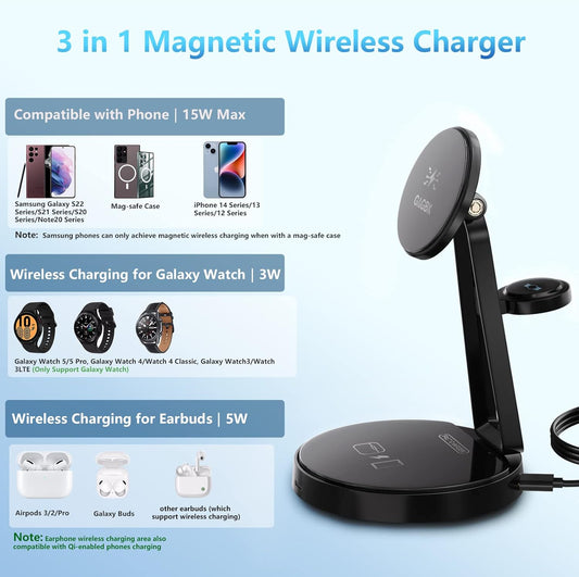 Wireless Charger for Samsung | 3-In-1 Charging Station for Samsung Galaxy S25/S24/S23/S22 & Watch 7/6/5/Buds | Magsafe Charger for Iphone 16/15/14/13/12 | Compatible with Apple Airpods