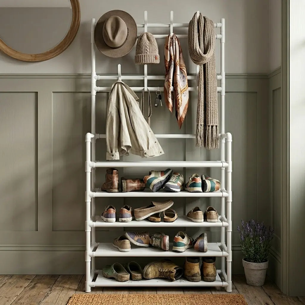 3-In-1 Freestanding Entryway Hall Tree Organizer - 5-Tier Shoe Rack, 8 Coat Hooks, Adjustable Storage Stand for Living Room, Bedroom Home Organization