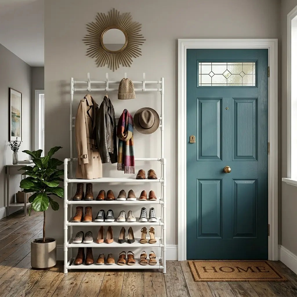 3-In-1 Freestanding Entryway Hall Tree Organizer - 5-Tier Shoe Rack, 8 Coat Hooks, Adjustable Storage Stand for Living Room, Bedroom Home Organization