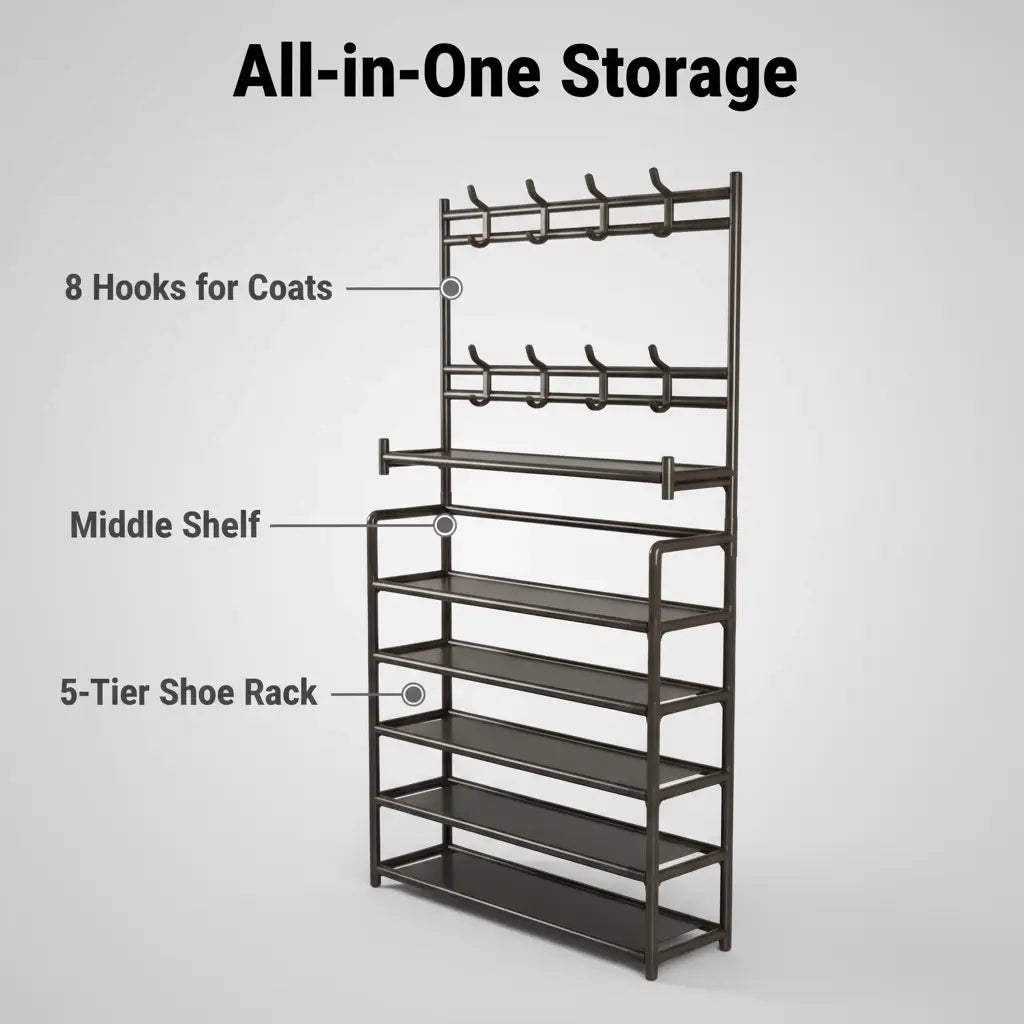 3-In-1 Freestanding Entryway Hall Tree Organizer - 5-Tier Shoe Rack, 8 Coat Hooks, Adjustable Storage Stand for Living Room, Bedroom Home Organization