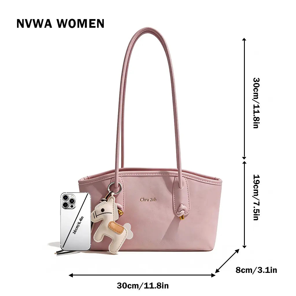 Women'S Elegant Pastel Pink Shoulder Bag, 2026 Fashionable PU Leather Tote with Cute Pony Pendant for Everyday Use, Casual Chic Versatile High-Quality Work Bag Hobo Purse Trendy All-Match Commuter Bag Pu Tote Satchel Crossbody Tote Bag