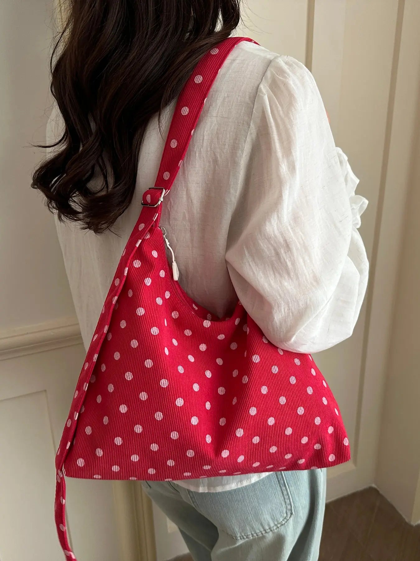 Korean Style Polka Dot Tote Bag, Zipper Closure Handbag, Large Capacity Foldable Commuter Shoulder Bag, Ideal for College Students
