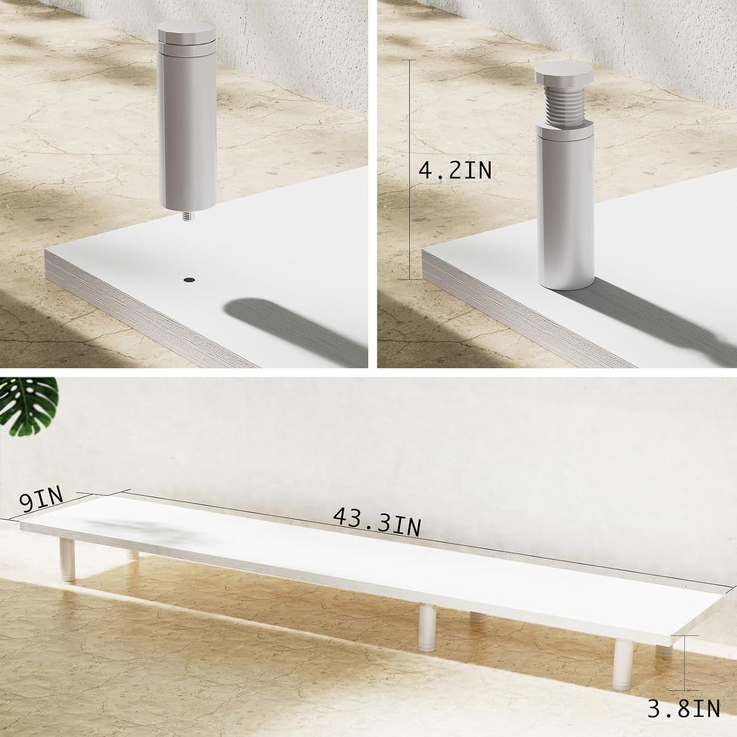 Large Dual Monitor Stand Riser 43.3In，White Home Office Storage for Desk Accessories，Solid Wod Desk with Adjustable Legs for Computer/Pc/Laptop/Printer/Container/Dressing Table