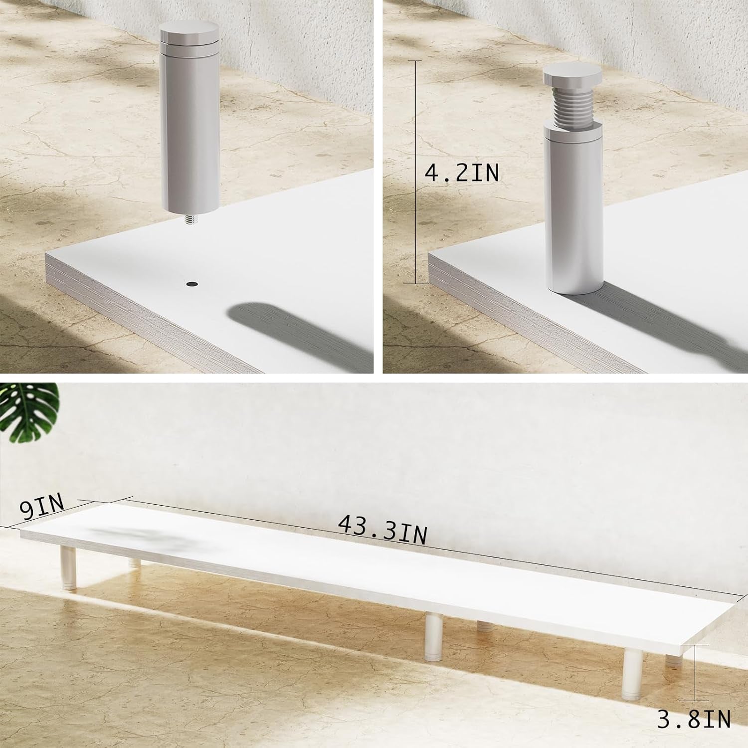 Large Dual Monitor Stand Riser 43.3In，White Home Office Storage for Desk Accessories，Solid Wod Desk with Adjustable Legs for Computer/Pc/Laptop/Printer/Container/Dressing Table