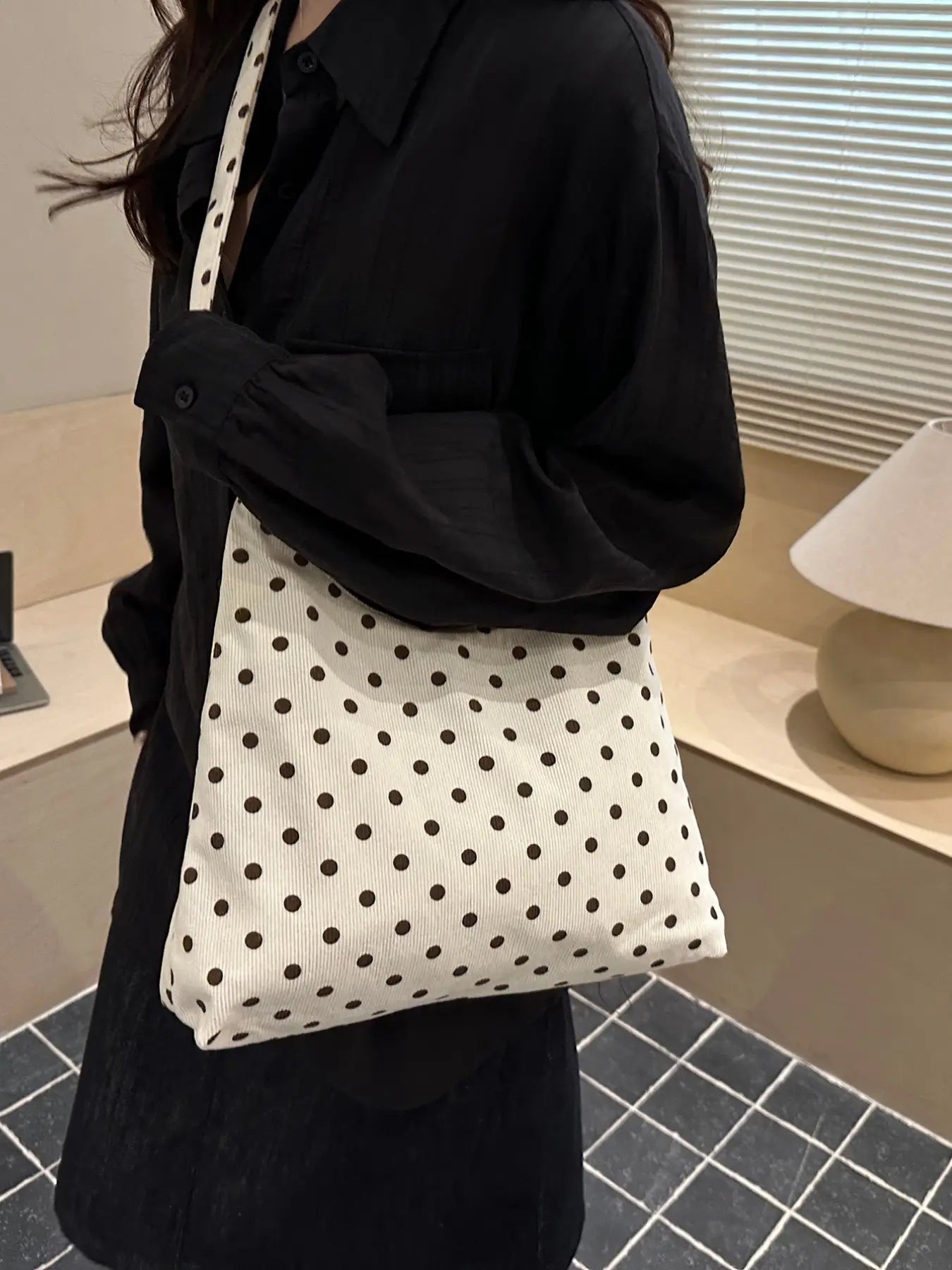 Korean Style Polka Dot Tote Bag, Zipper Closure Handbag, Large Capacity Foldable Commuter Shoulder Bag, Ideal for College Students