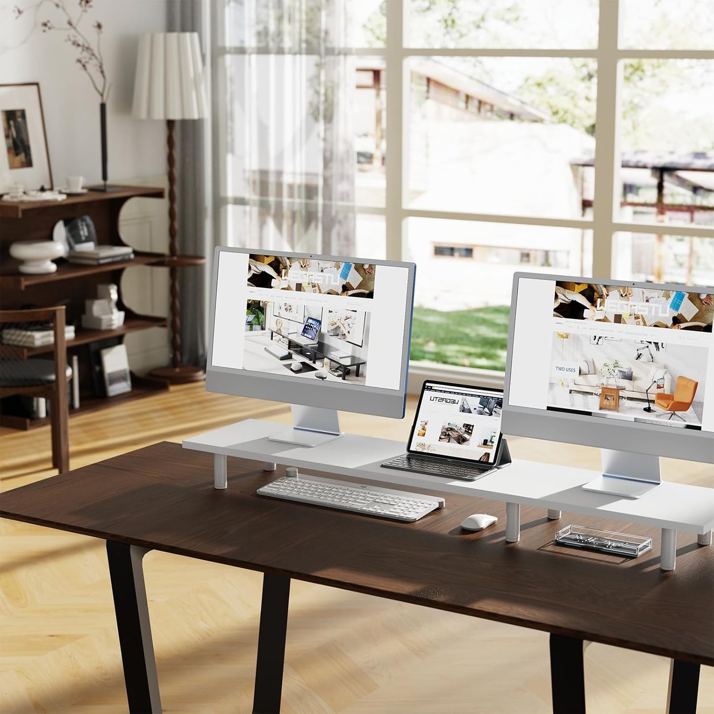 Large Dual Monitor Stand Riser 43.3In，White Home Office Storage for Desk Accessories，Solid Wod Desk with Adjustable Legs for Computer/Pc/Laptop/Printer/Container/Dressing Table